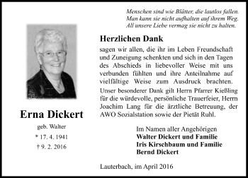 Traueranzeige von Erna Dickert von  OK Oberhessen Kurier