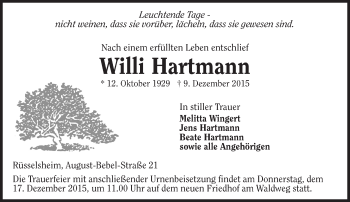 Traueranzeige von Willi Hartmann von  Mainspitze