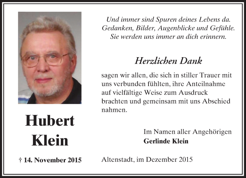  Traueranzeige für Hubert Klein vom 12.12.2015 aus  Sonntags Anzeiger