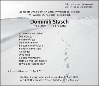 Traueranzeige von Dominik Stasch von  Gießener Anzeiger