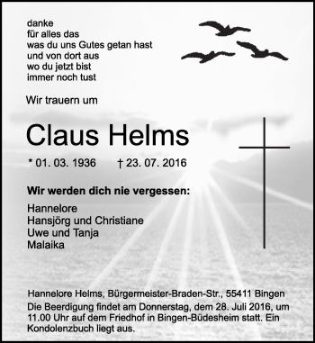 Traueranzeige von Claus Helms von Trauerportal Rhein Main Presse