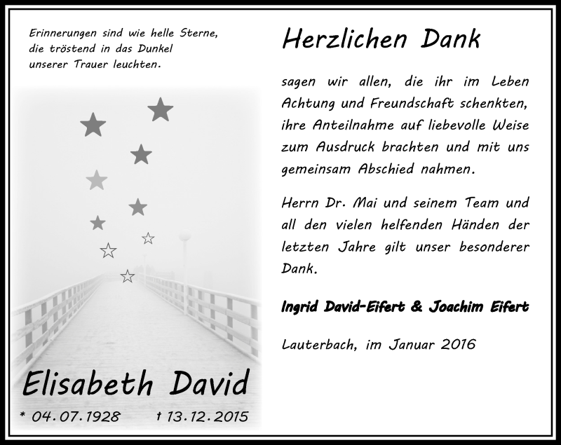  Traueranzeige für Elisabeth David vom 30.01.2016 aus  OK Oberhessen Kurier
