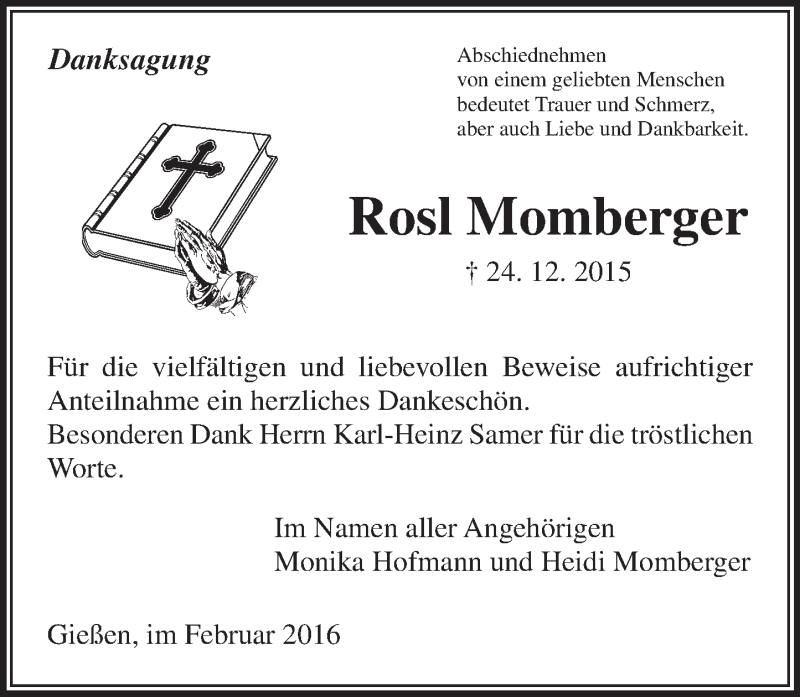  Traueranzeige für Rosl Momberger vom 06.02.2016 aus  Gießener Anzeiger