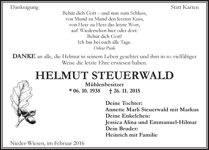  Traueranzeige für Helmut Steuerwald vom 06.02.2016 aus  Allgemeine Zeitung Alzey