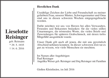 Traueranzeige von Lieselotte Reisinger von  Gießener Anzeiger