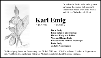 Traueranzeige von Karl Emig von Trauerportal Echo Online