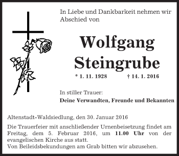 Traueranzeige von Wolfgang Steingrube von  Kreisanzeiger
