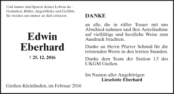 Traueranzeige von Edwin Eberhard von  Gießener Anzeiger