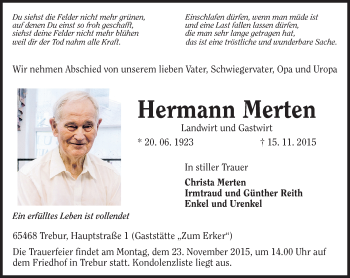 Traueranzeige von Hermann Merten von  Allgemeine Zeitung Mainz