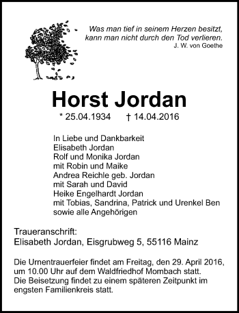 Traueranzeige von Horst Jordan von  Allgemeine Zeitung Mainz
