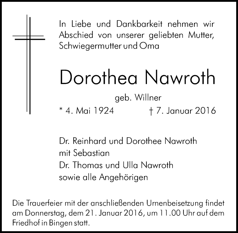  Traueranzeige für Dorothea Nawroth vom 16.01.2016 aus  Allgemeine  Zeitung Ingelheim-Bingen