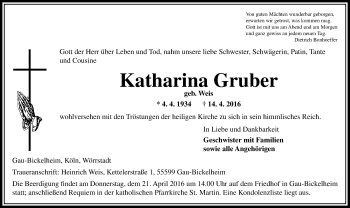 Traueranzeige von Katharina Gruber von  Allgemeine Zeitung Alzey