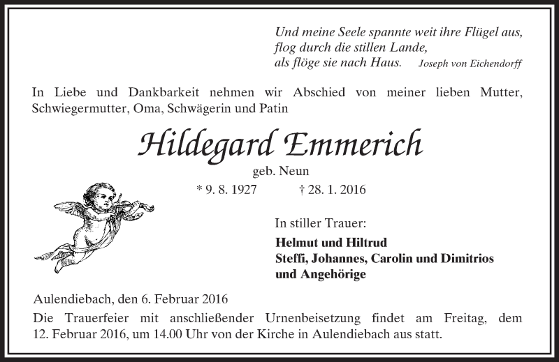  Traueranzeige für Hildegard Emmerich vom 06.02.2016 aus  Kreisanzeiger