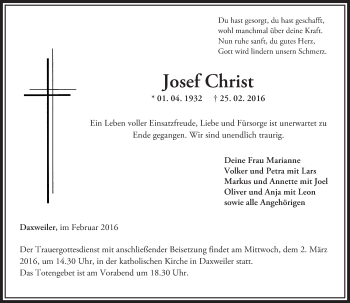 Traueranzeige von Josef Christ von  Allg. Zeitung Bad Kreuznach