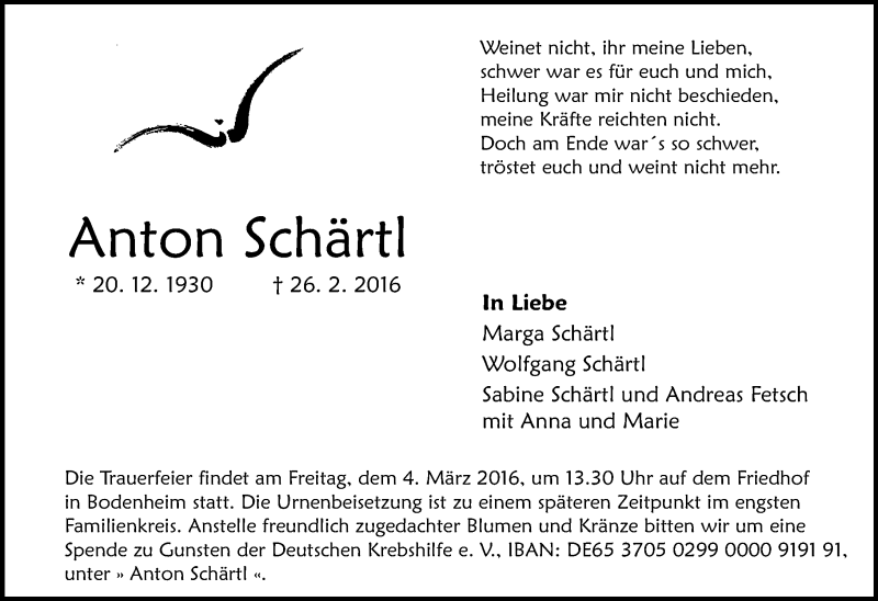  Traueranzeige für Anton Schärtl vom 02.03.2016 aus  Allgemeine Zeitung Mainz