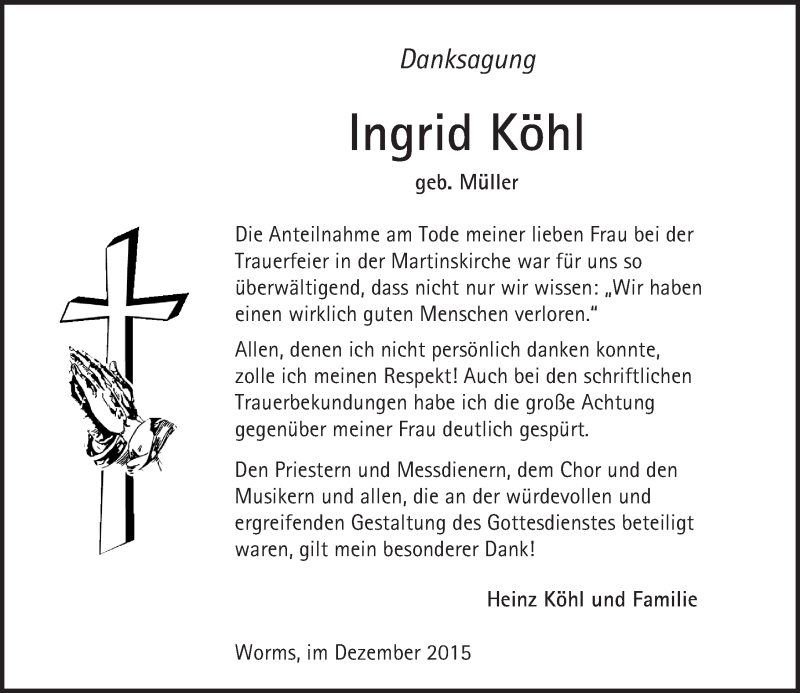  Traueranzeige für Ingrid Köhl vom 03.12.2015 aus  Wormser Zeitung
