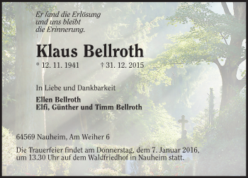 Traueranzeige von Klaus Bellroth von  Mainspitze
