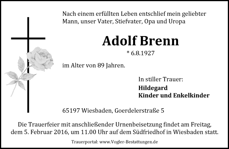  Traueranzeige für Adolf Brenn vom 30.01.2016 aus  Wiesbaden komplett