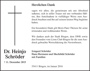 Traueranzeige von Heinjo Schröder von  Allgemeine  Zeitung Ingelheim-Bingen