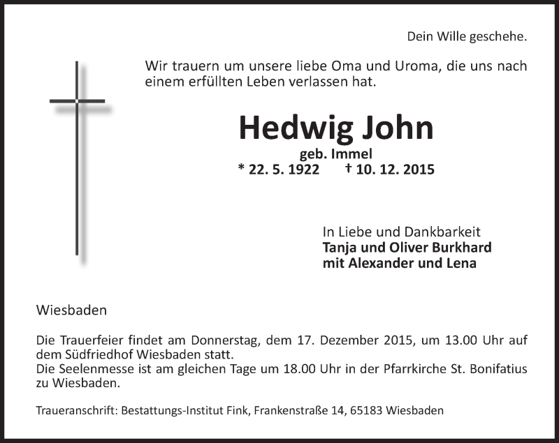  Traueranzeige für Hedwig John vom 12.12.2015 aus  Wiesbaden komplett