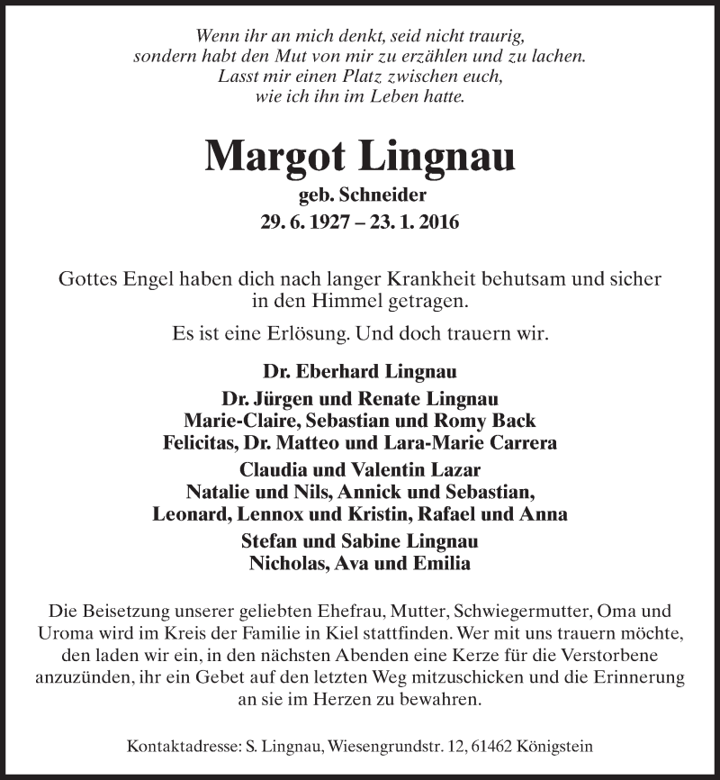  Traueranzeige für Margot Lingnau vom 05.02.2016 aus  Hofheimer Zeitung