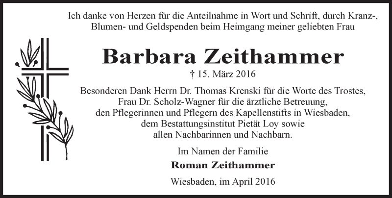  Traueranzeige für Barbara Zeithammer vom 13.04.2016 aus  Wiesbaden komplett