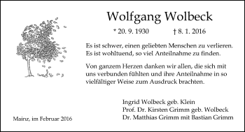 Traueranzeige von Wolfgang Wolbeck von  Allgemeine Zeitung Mainz