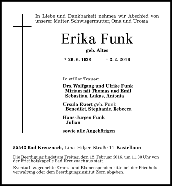 Traueranzeige von Erika Funk von  Allg. Zeitung Bad Kreuznach