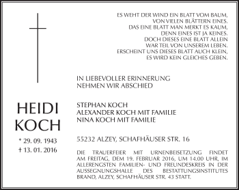 Traueranzeige von Heidi Koch von  Allgemeine Zeitung Alzey