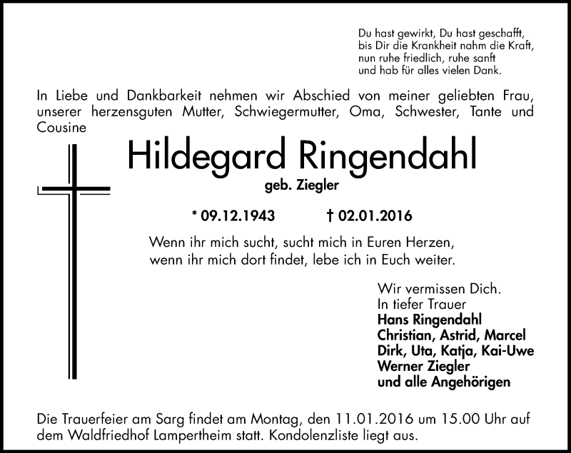  Traueranzeige für Hildegard Ringendahl vom 06.01.2016 aus  Bürstädter Zeitung