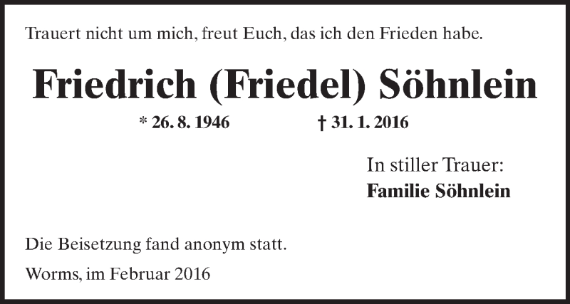  Traueranzeige für Friedrich Söhnlein vom 27.02.2016 aus  Wormser Zeitung