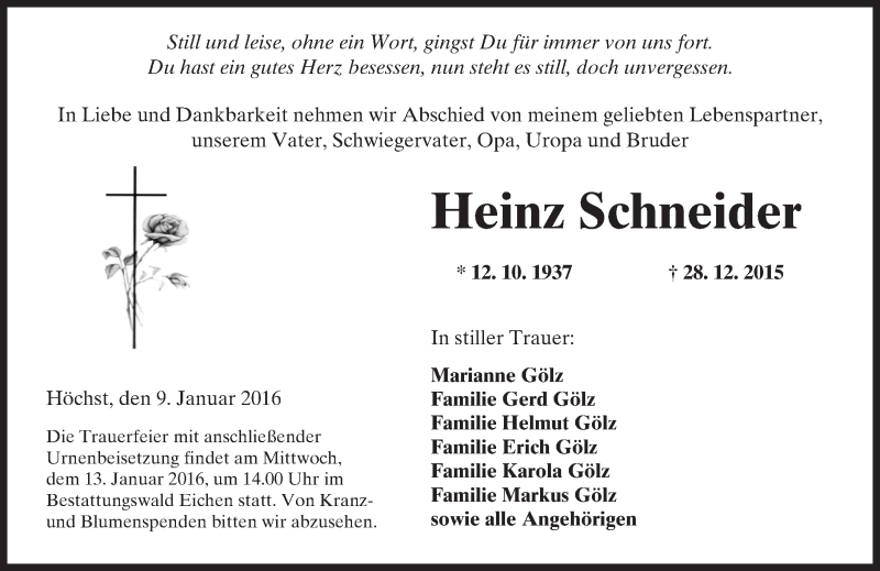  Traueranzeige für Heinz Schneider vom 09.01.2016 aus  Kreisanzeiger