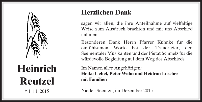  Traueranzeige für Heinrich Reutzel vom 05.12.2015 aus  Sonntags Anzeiger