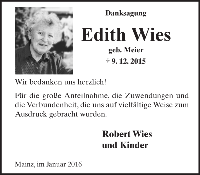  Traueranzeige für Edith Wies vom 09.01.2016 aus  Allgemeine Zeitung Mainz