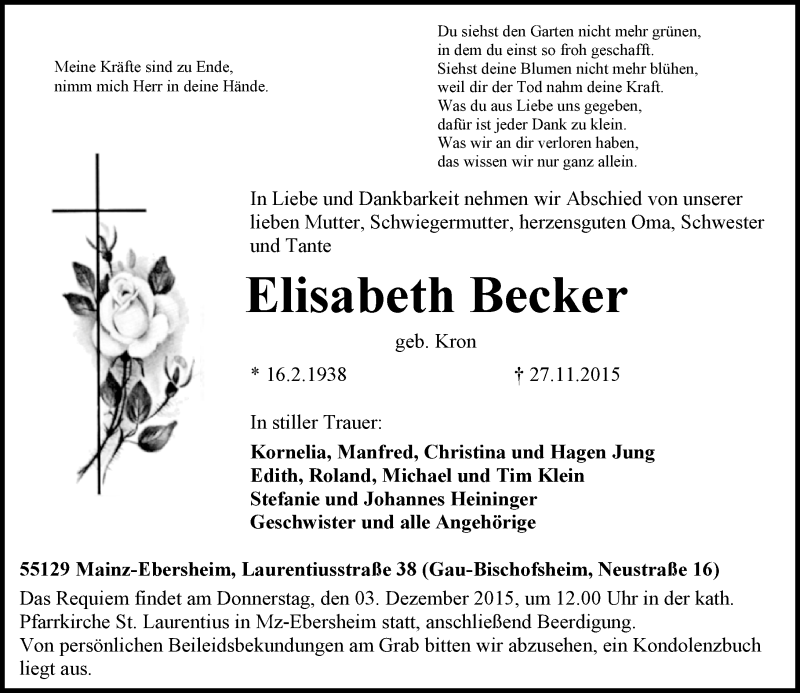  Traueranzeige für Elisabeth Becker vom 01.12.2015 aus  Allgemeine Zeitung Mainz