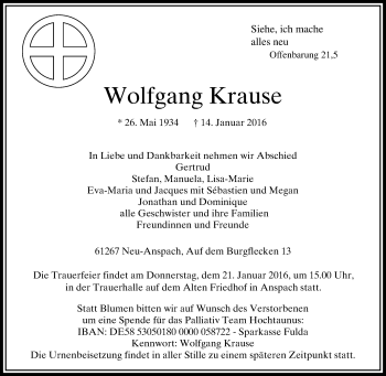 Traueranzeige von Wolfgang Krause von  Usinger Anzeiger