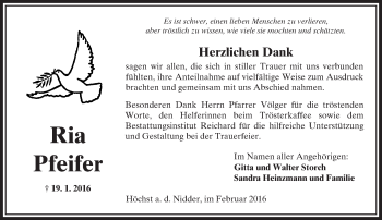 Traueranzeige von Ria Pfeifer von  Sonntags Anzeiger
