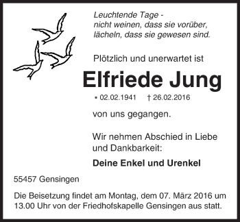 Traueranzeige von Elfriede Jung von  Allgemeine  Zeitung Ingelheim-Bingen