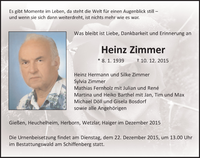  Traueranzeige für Heinz Zimmer vom 19.12.2015 aus  Gießener Anzeiger