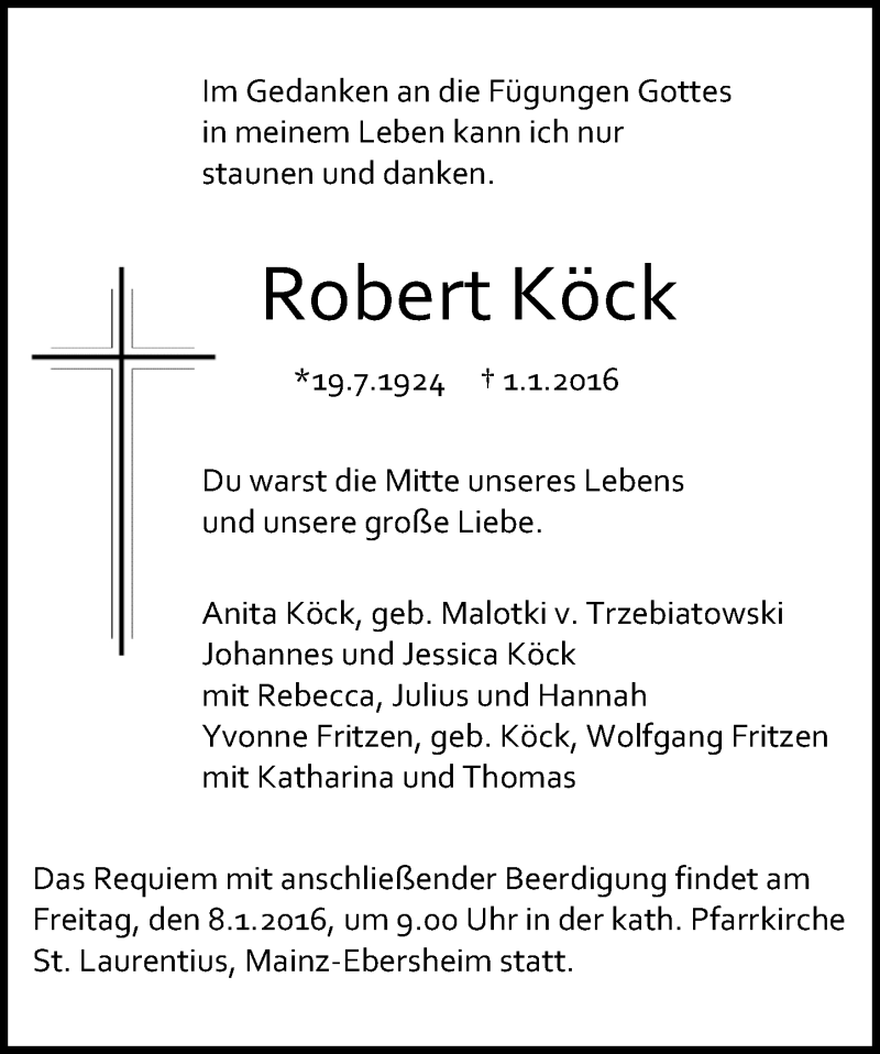  Traueranzeige für Robert Köck vom 06.01.2016 aus  Allgemeine Zeitung Mainz