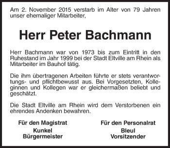 Traueranzeige von Peter Bachmann von  Rheingau