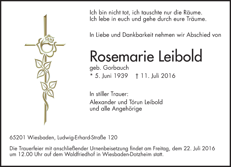  Traueranzeige für Rosemarie Leibold vom 16.07.2016 aus Trauerportal Rhein Main Presse