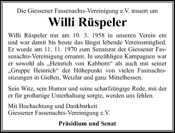 Traueranzeige von Willi Rüspeler von  Gießener Anzeiger