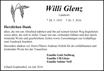 Traueranzeige von Willi Glenz von Trauerportal Echo Online