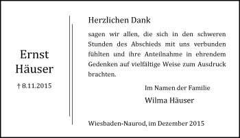 Traueranzeige von Ernst Häuser von  Wiesbaden komplett