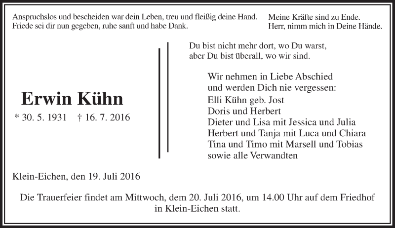  Traueranzeige für Erwin Kühn vom 19.07.2016 aus  Gießener Anzeiger
