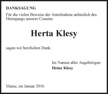 Traueranzeige von Herta Klesy von  Allgemeine Zeitung Mainz