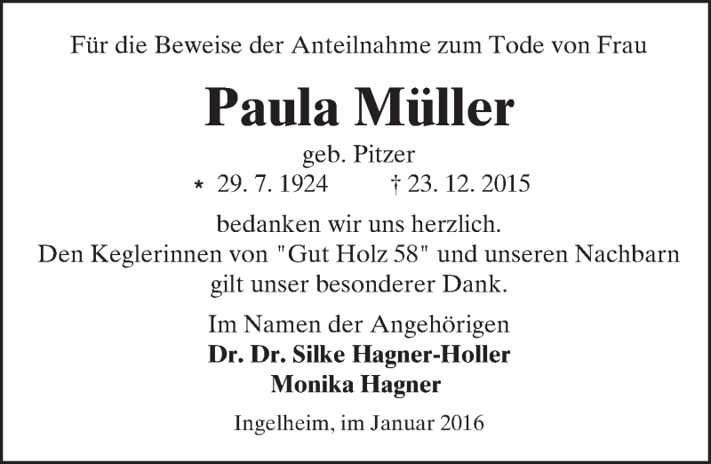  Traueranzeige für Paula Müller vom 06.01.2016 aus  Allgemeine  Zeitung Ingelheim-Bingen