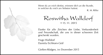 Traueranzeige von Roswitha Walldorf von  Gießener Anzeiger
