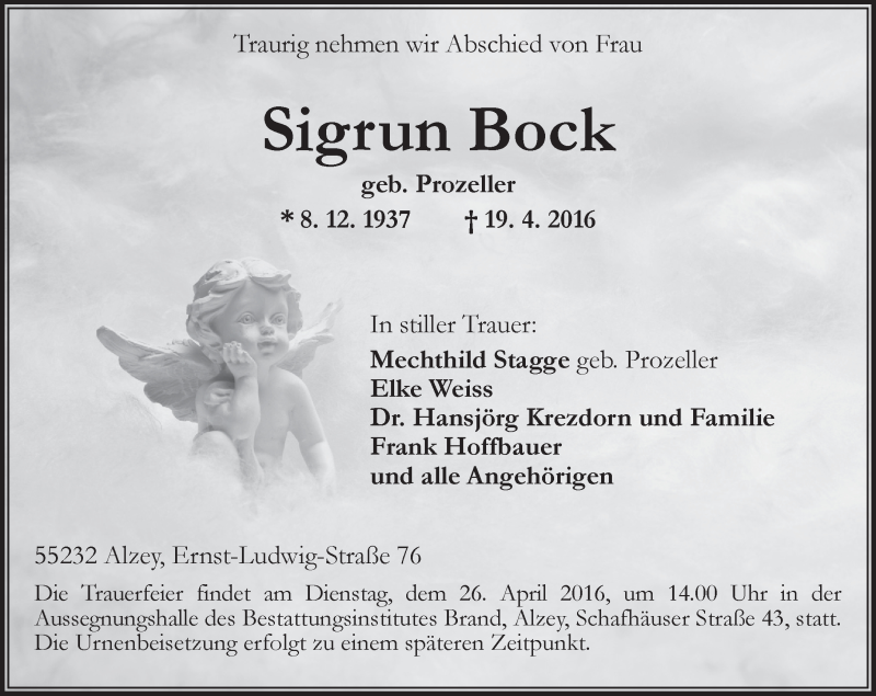  Traueranzeige für Sigrun Bock vom 23.04.2016 aus  Allgemeine Zeitung Alzey
